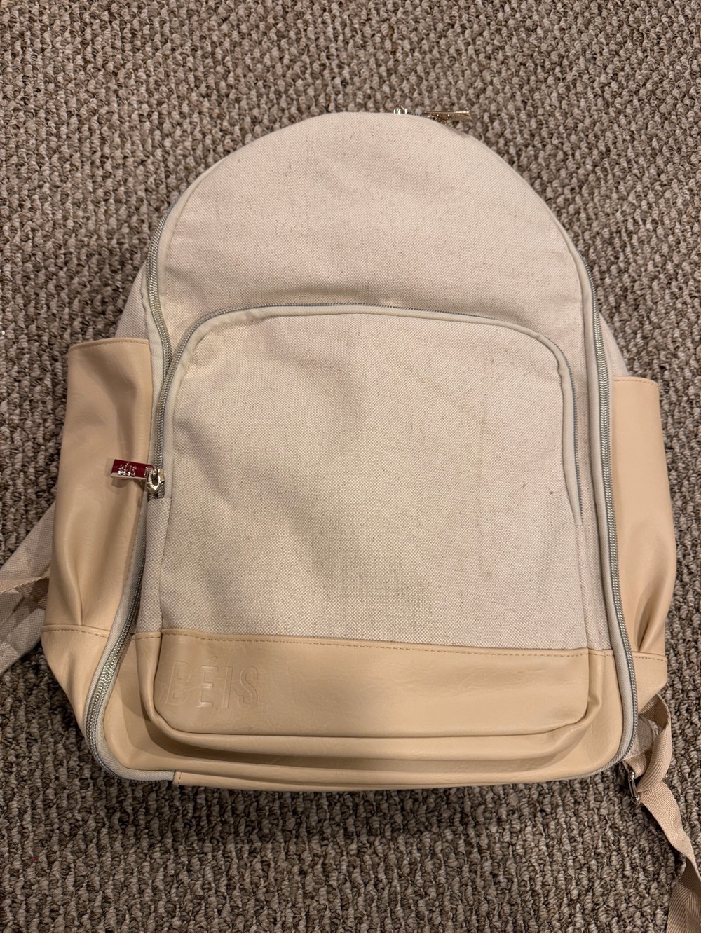 Beis Canvas and Faux Leather Travel Backpack in Beige with Gold Trim Like New!